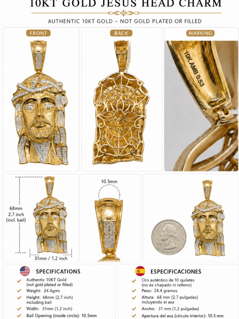 10KT Gold Jesus Head Pendant - Gold